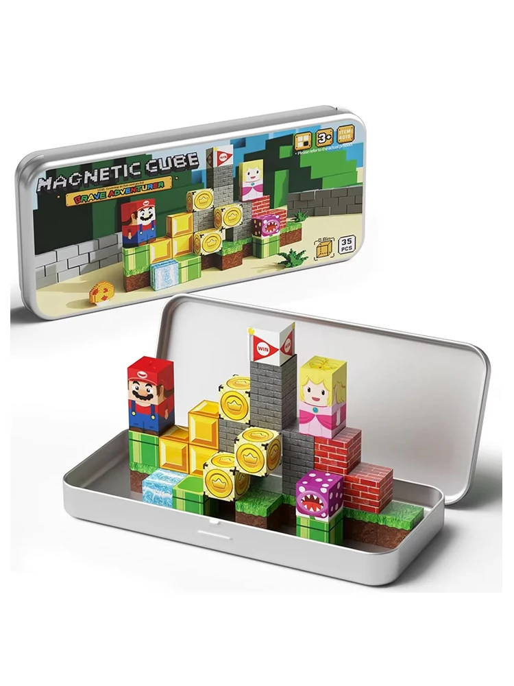 Mini blocs magnétiques, blocs de construction magnétiques de voyage pour les tout-petits, 35 jouets de construction magnétiques avec boîte en fer Portable magnétique