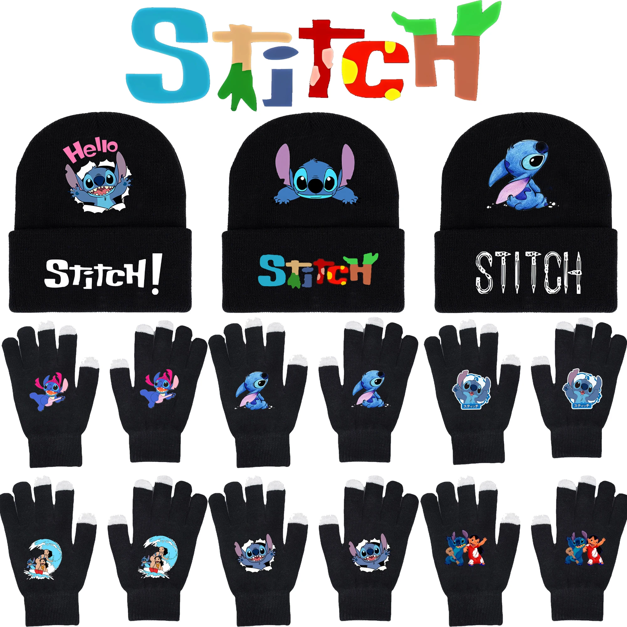 Disney Lilo Stitch Knitted Hat Gloves Kids Winter Warm Black Fishnet Mittens Cap Anime Figure Cartoon Headgear Decoration Gifts