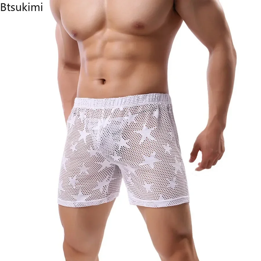 Verão masculino sexy ver através de pijamas shorts homens malha estrela de cinco pontas roupa interior homewear masculino elasticidade sleep bottoms homme