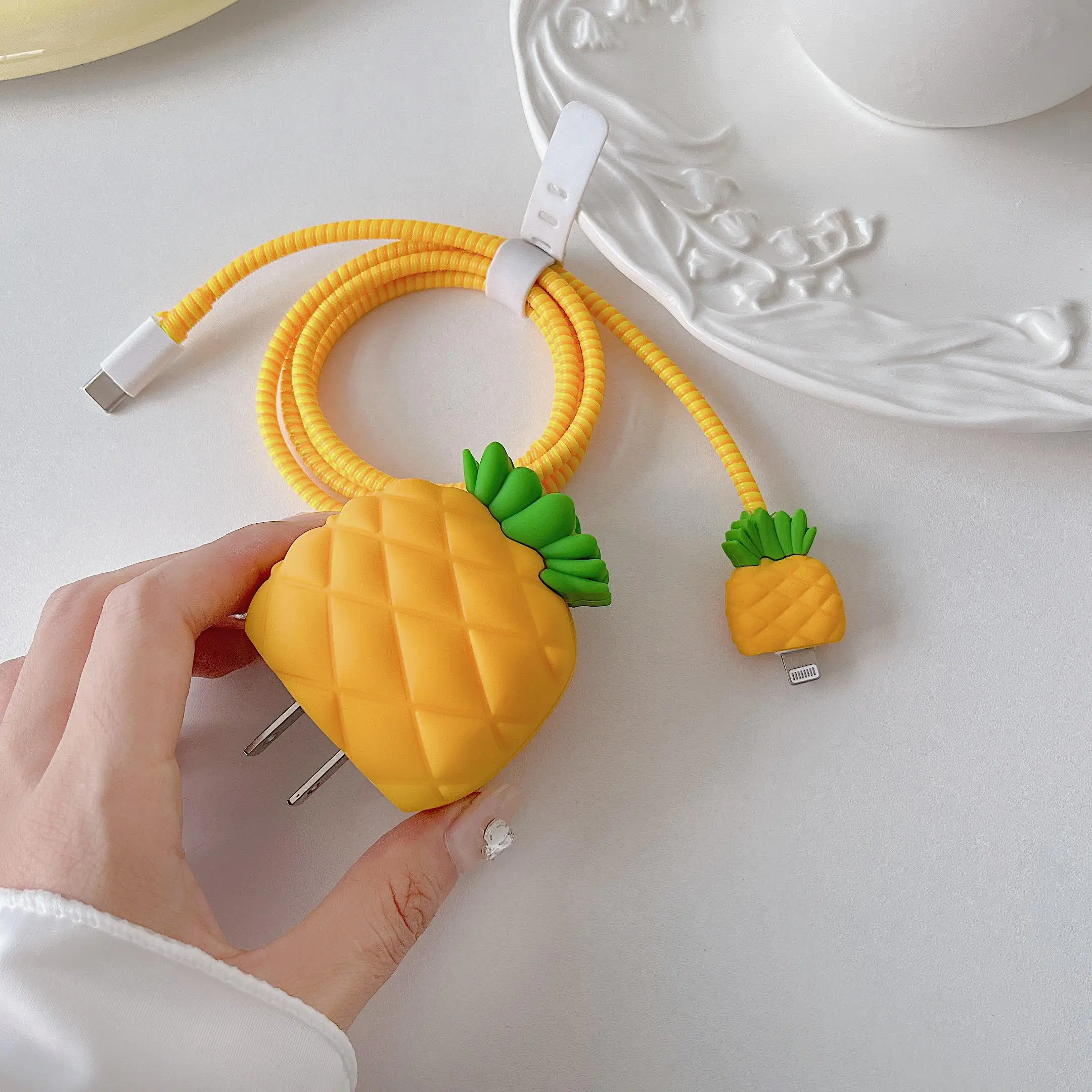 Cute Pineapple 3D Stereoscopic Silicone Shockproof Charger USB Cable Protector Data Line Cord Protective Case For iPhone 18W/20W