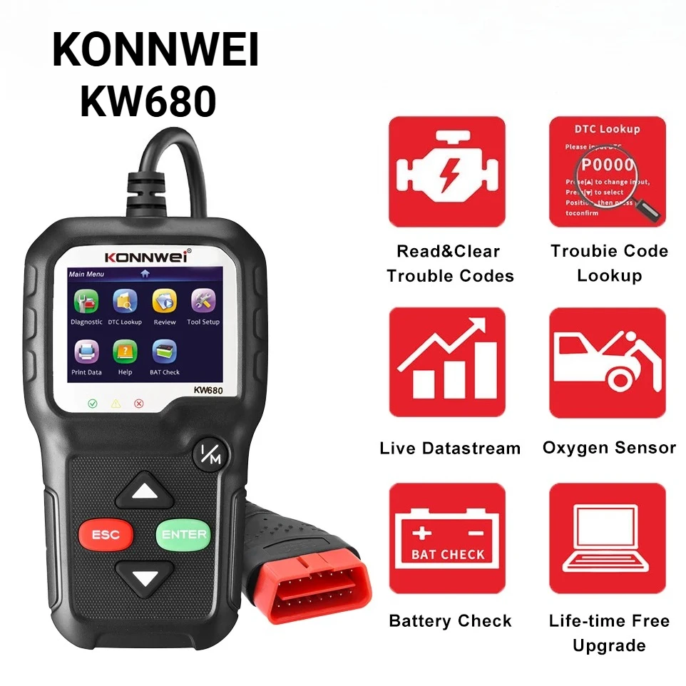 KONNWEI KW680 OBD2 Car Diagnostic Scanner 8 Languages Code Reader Free Update 12V Vehicle Scan Tool for 1996+ OBDII CAN Bus Cars
