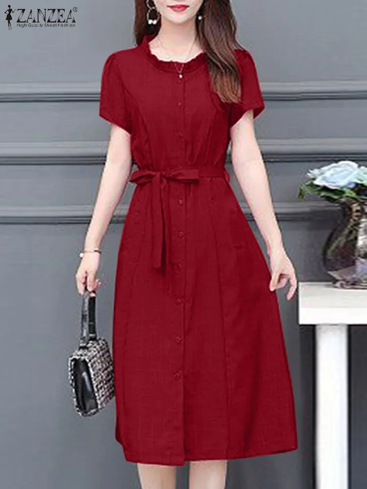 

2024 ZANZEA Fashion Summer Sundress Elegant Solid Ruffles Vestido Work OL Robe Femme Women Short Sleeve Buttons Down Shirt Dress