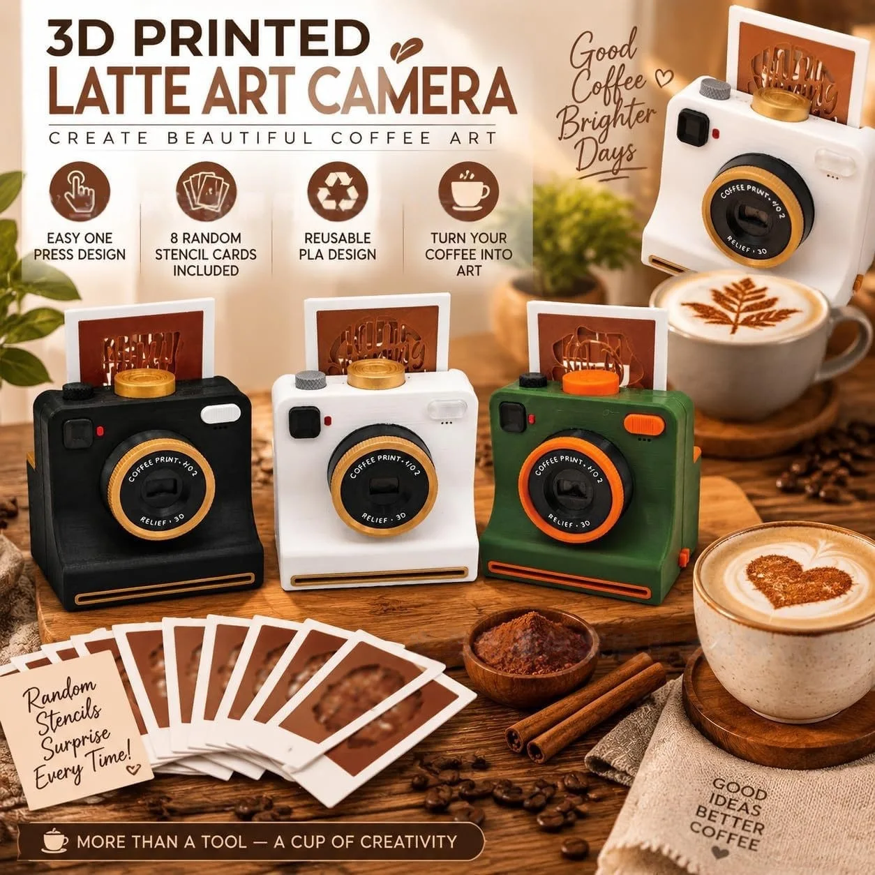 3D Printed Latte Art Camera One‑Touch Coffee Printer with 4 Stencil Cards Miniature Instant Camera Coffee Stencils Latte Art