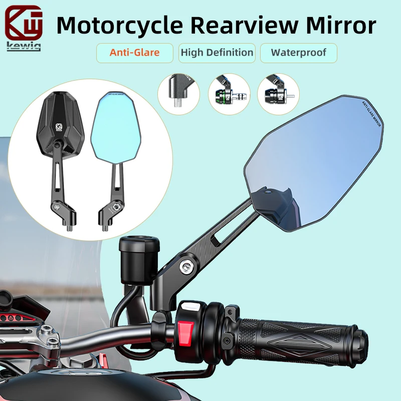 Kewig RM2 Motorcycle Rearview Mirrors CNC Aluminum Alloy Waterproof Anti-Glare 180° Adjustment M10 Base For Scooter E-Bike