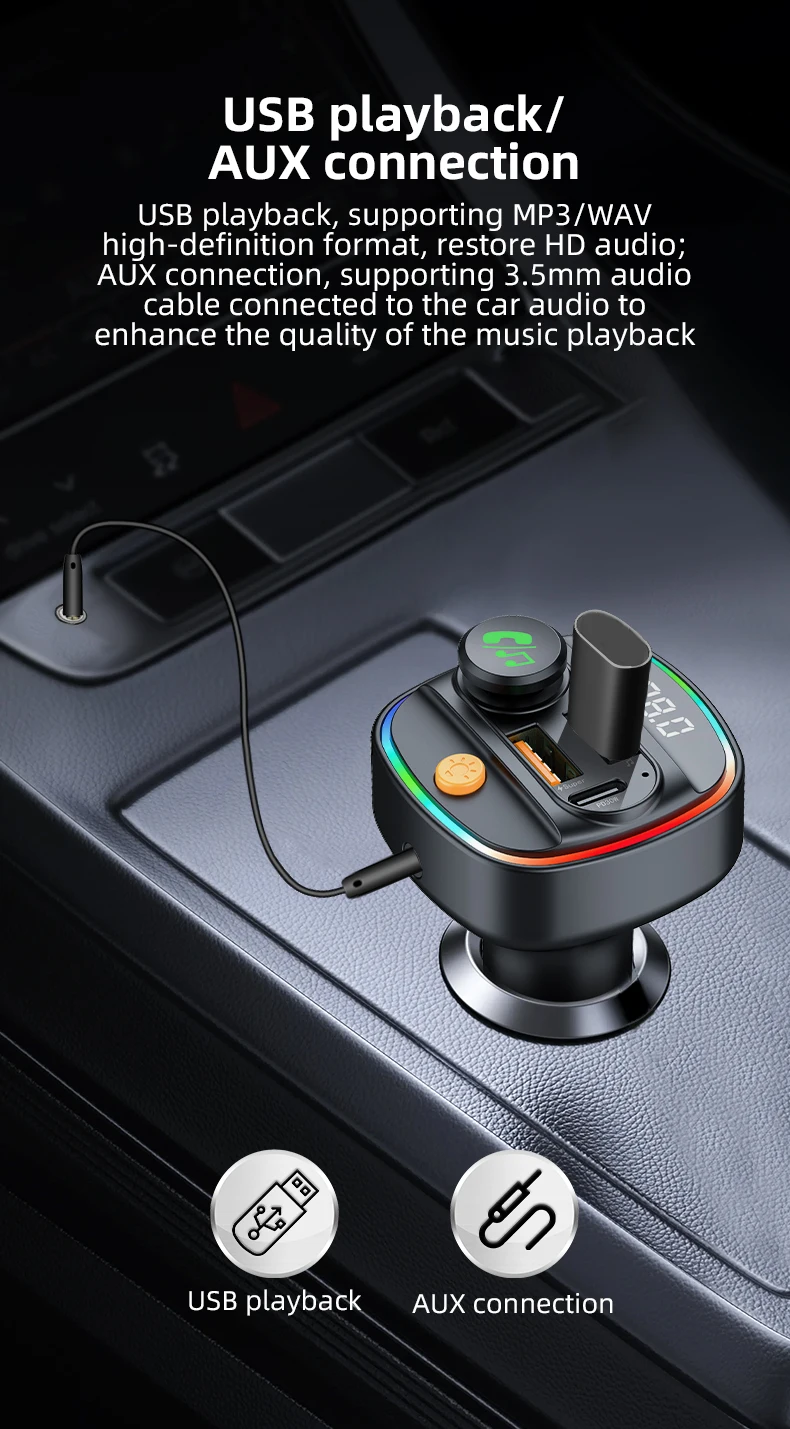 Bluetooth 5.4 FM-Transmitter, Freisprecheinrichtung, Auto-AUX-Radio-Modulator, MP3-Player mit 22,5 W und PD30 W Schnellladeadapter, Autozubehör – Detail 8