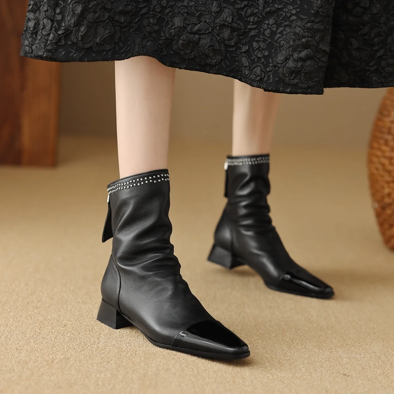 Nouvelles Bottes en Cuir Véritable Grande Taille 34-43 pour Femmes, Fermeture Éclair Arrière, Couleur Unie Noir Kaki, Talons Bas, Bottines Artisanales 2027