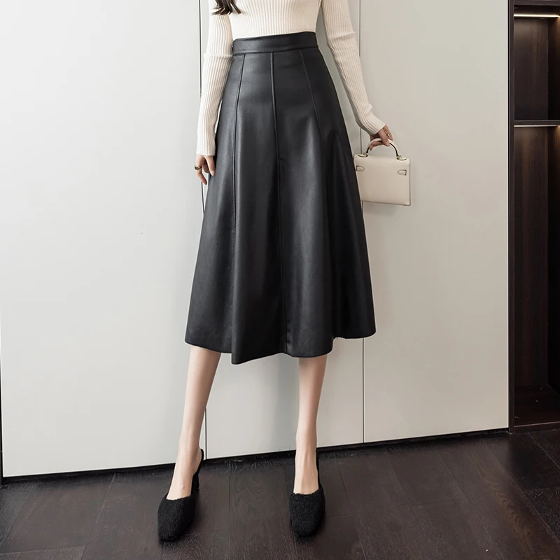 

2025 New Fashion High Waist A-line Leather Midi Skirts Women Autumn Winter PU Vintage Umbrella Skirt Korean Lady Elegant Skirts