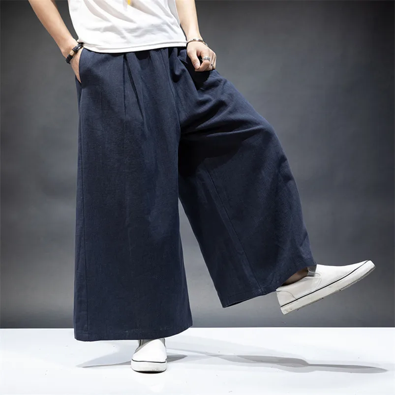 Japan Style Men Cotton Linen Long Pants  Wide Legs Loose Trousers Fashion Solid Male Casual Pants Pantalon Plus Size M-6XL 7XL