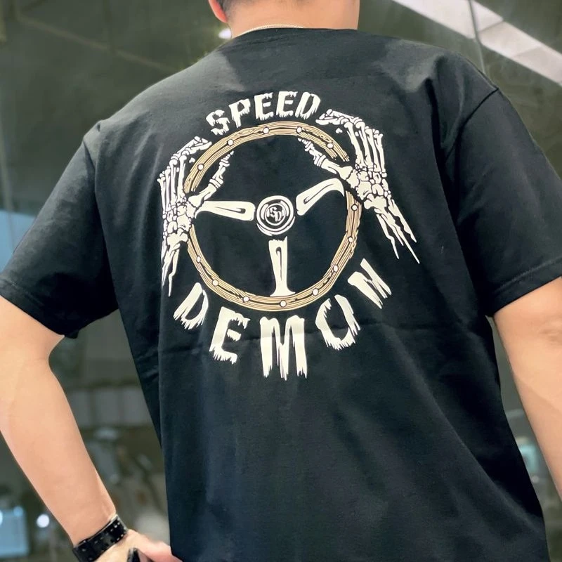 

SPEED DEMON Нишевая модифицированная автомобильная футболка с короткими рукавами Ретро футболка с принтом рулевого колеса с черепом Мужская и женская повседневная уличная одежда