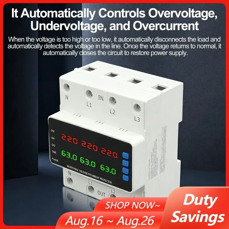 100A/63A 3-Phase 4-Wire Adjustable Voltage Current Protector Over Undervoltage Overcurrent Protection Relay with LED Display