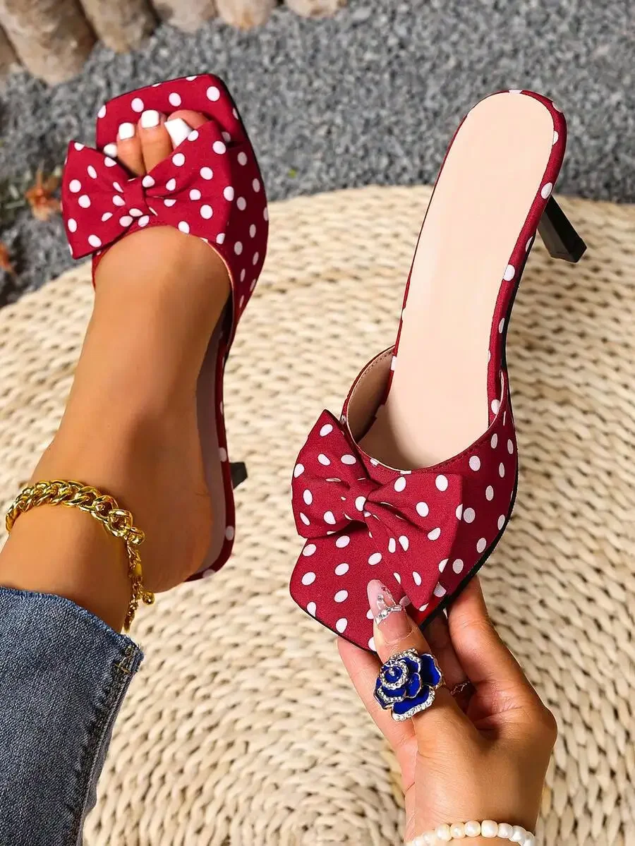 

Women Square Toe High Heel Bowknot Slide Sandals Polka Dot Dress Shoes