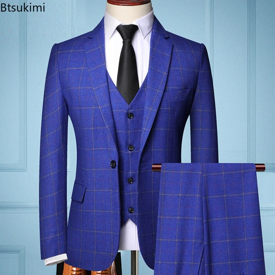 High Quality Men's Plaid Three-pieces Fashion Slim Business Party Formal Elegant Blazer Sets (Jacket+Pants+Vest) Prom Wedding
