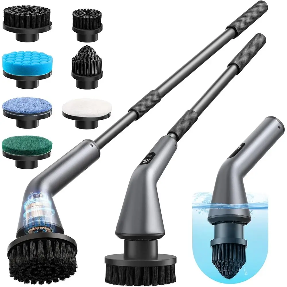 

Cordless Waterproof Spin Scrubber with 7 Attachments for Multi-Surface Cleaning in Home and Car