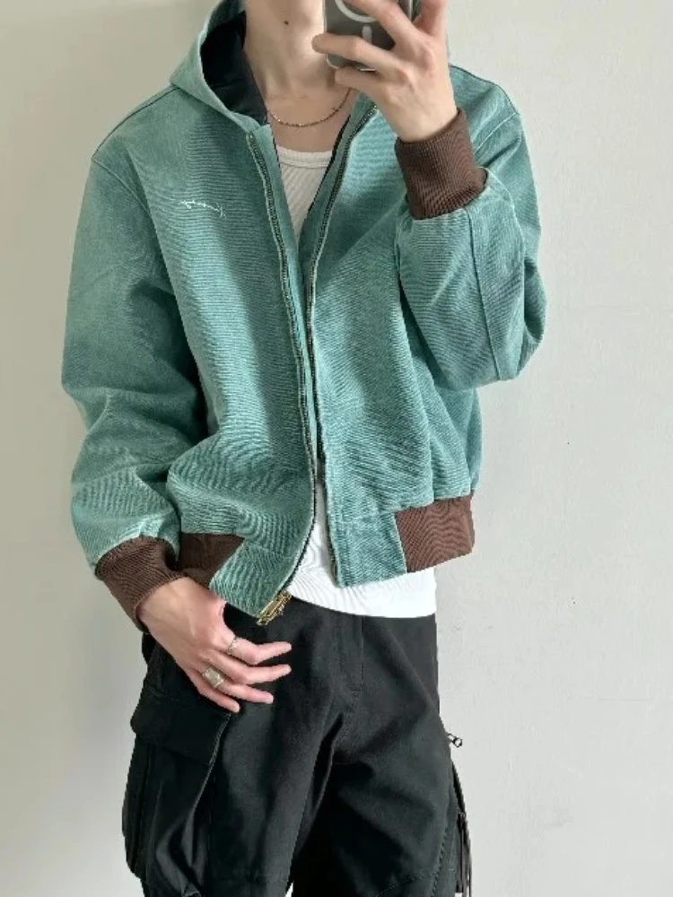 

Men Retro Lake Green Cargo Jacket Cleanfit Cropped Hooded Short Spring Fall Coat Premium Quality Vintage Utility Outerwear