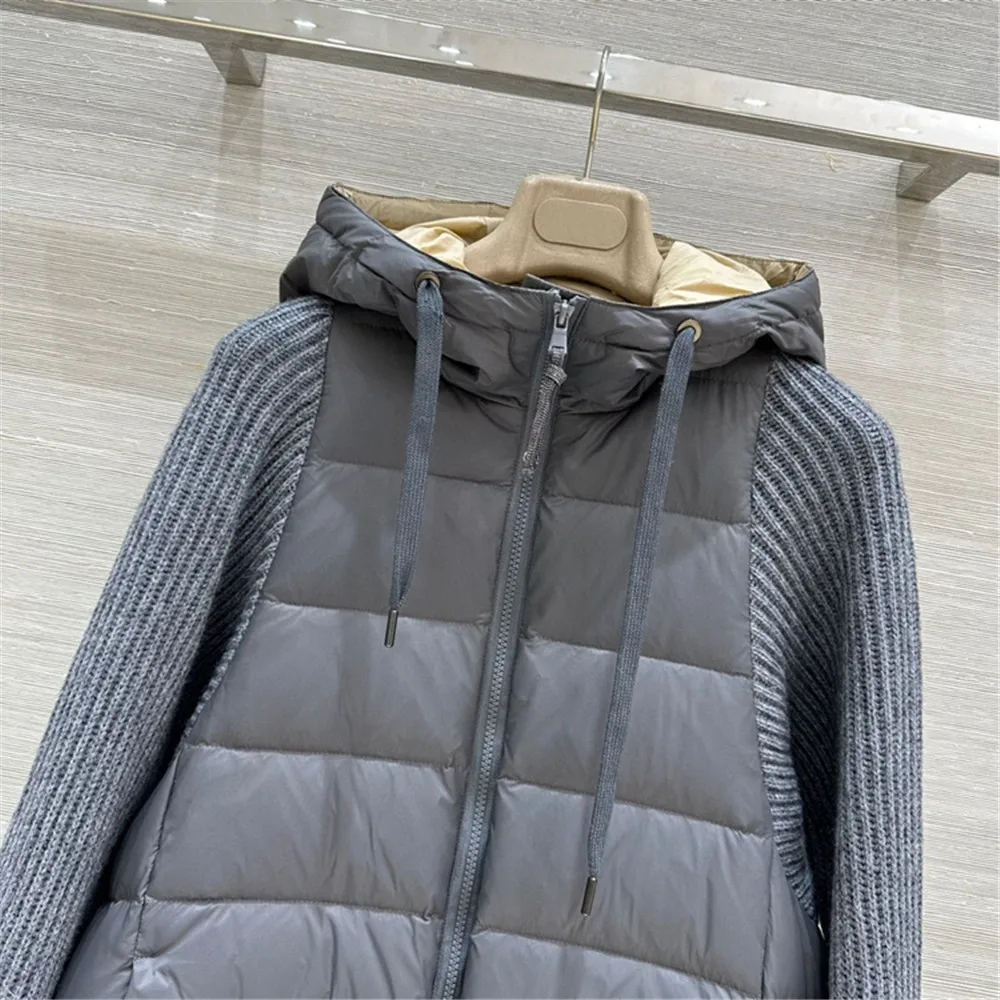 Winter Cashmere Wool Knitted Sleeve Splicing Hooded Goose DownJacket Women\'s Light Warm Jacket