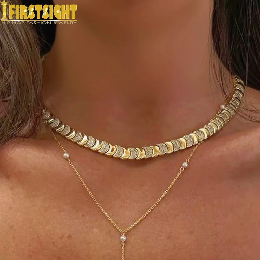 2025 New Geometric Round Moon Shaped Link Chain Necklace Gold Color  Cubic Zirconia CZ Paved Choker for Women Jewelry