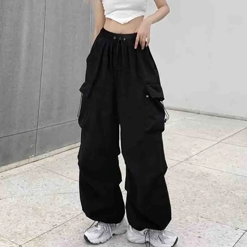 2024 Moda Luźne Spodnie Cargo Kobiety Dorywczo Czarne Proste Spodnie Vintage Szerokie Nogawki Kieszenie Y2k Streetwear Lady Pant 28958