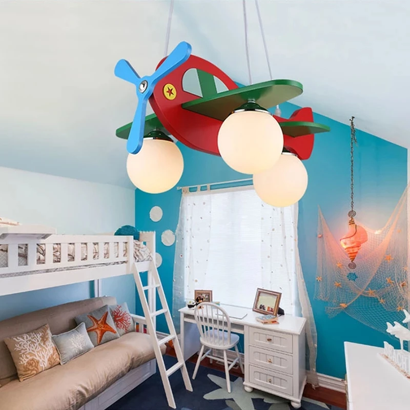 

Wood Airplane Chandelier For Children Kids Boy Bedroom LED Hanging Pendant Lamp Nursery Aircraft Suspension Lights