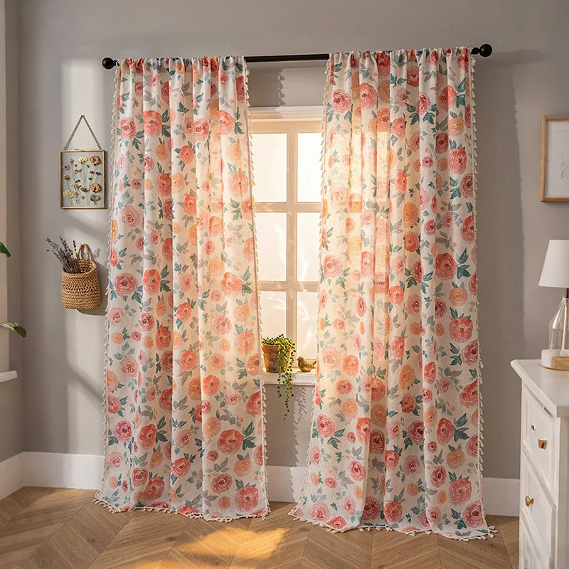 Spring Korean-Style Floral Linen Curtains Window Screen Tulip Pattern Room Decorating Interior Window Screen Curtains