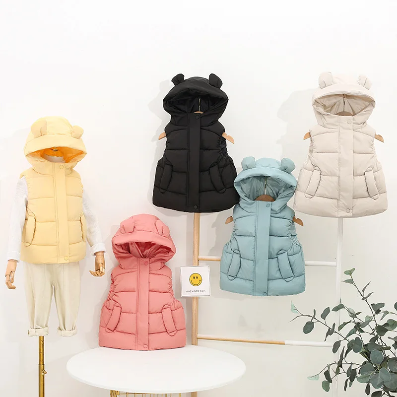 

Children's Hooded Jacket with Cap for Boys and Girls Fall Winter Outerwear Down and Cotton Baby Cute Eared Pullover sleeveless
