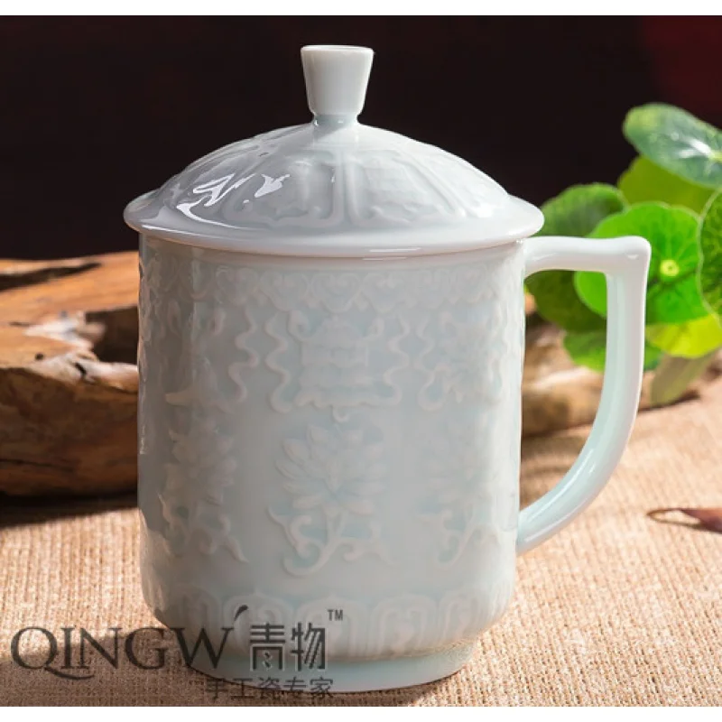 

★Jingdezhen Qingwu Ceramic Crafts Bluish White Porcelain Eight Treasures Cup for Boss with Lid Thin Porcelain Office Cup