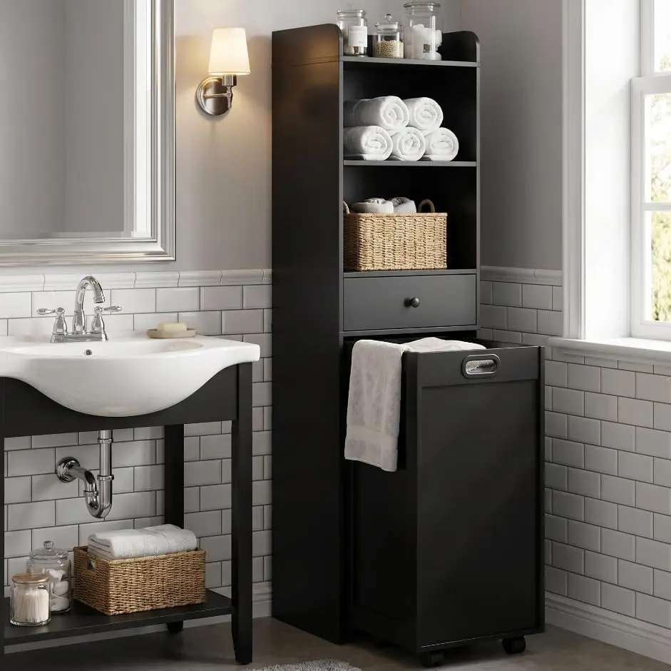 Laundry Hamper Cabinet with Multi Shelves & Hidden Movable Design for Bathroom & Laundry Room Organization, Black, Customized