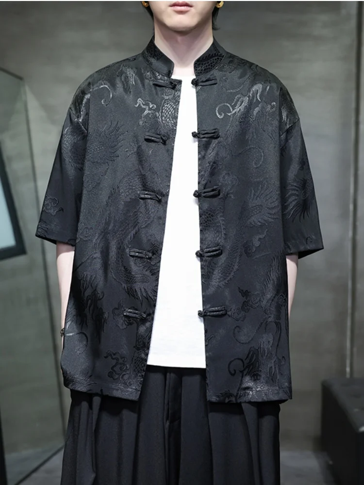 

New Chinese Sle Ice Silk ort Sve irt Thin Embroidered Dragon Pattern Summer Cool Feeling Men's Faion Traditional H...