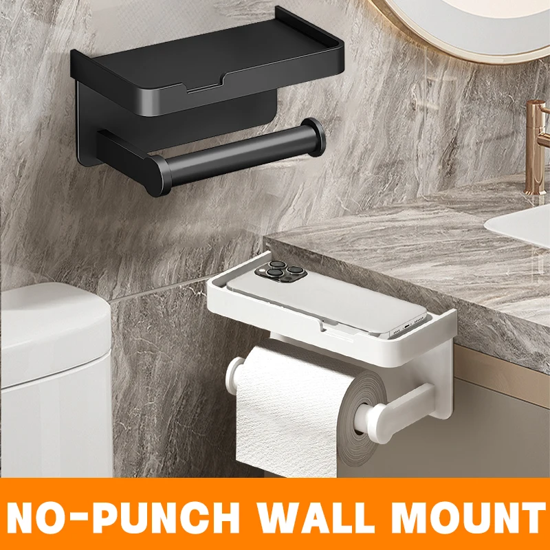 Aluminum Alloy Toilet Paper Holder Toilet Paper Holder Wall-Mounted Toilet Roll Shelf Phone Stand for Home Bathroom Accessories