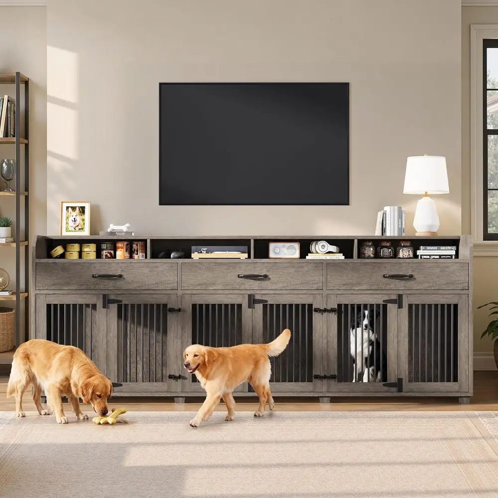 

95 Grey Wooden 3-Room Dog Crate with Storage, TV Stand & Removable Divider for Large/Medium Dogs