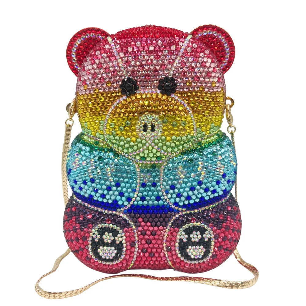 

XIYUAN Elegant Rainbow Bear Clutch Party Purse Crystal Chain Shoulder Bag Women Rhinestone Evening Handbag Luxury Banquet Purses