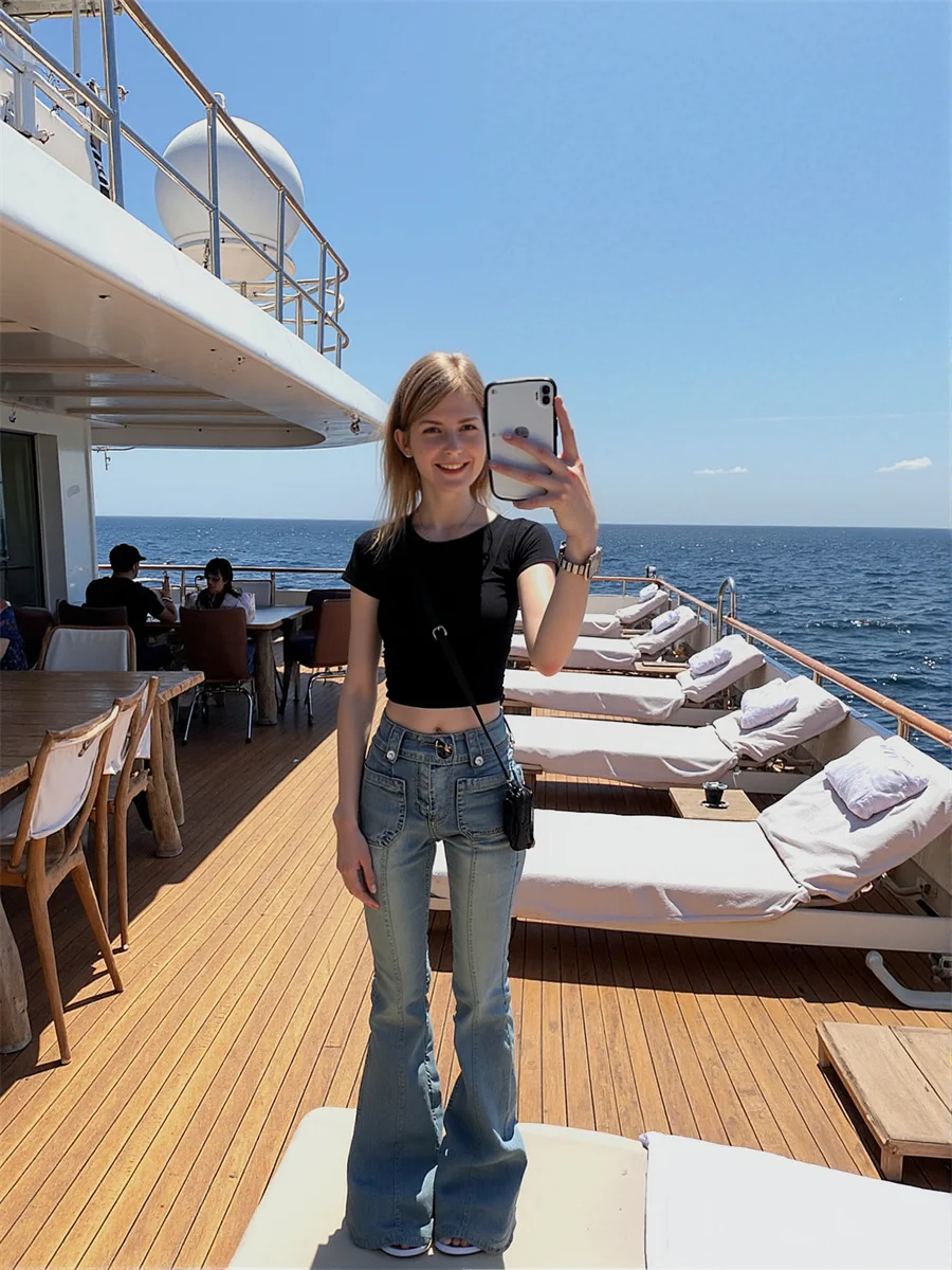 

Flare Slim Skinny Floor Jeans Womens Flared Legged Bell High Waist Panelled Pleated Elastic Artistic Trendy Cute Kawaii Fashion