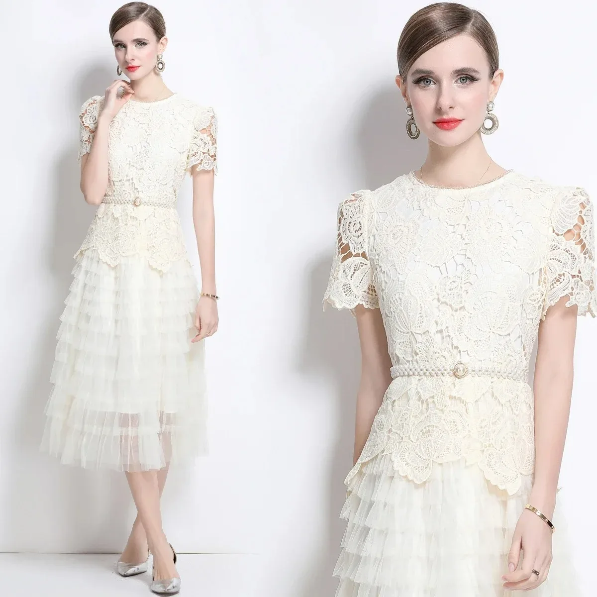 

Designer Women's Evening Dress with Pearl Belt & Lace Embroidery, Long Formal Gown for Dinner Party