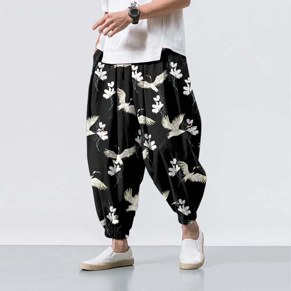 

Men's Chinese-Style Loose Satin Trousers with Wave & Crane Patterns