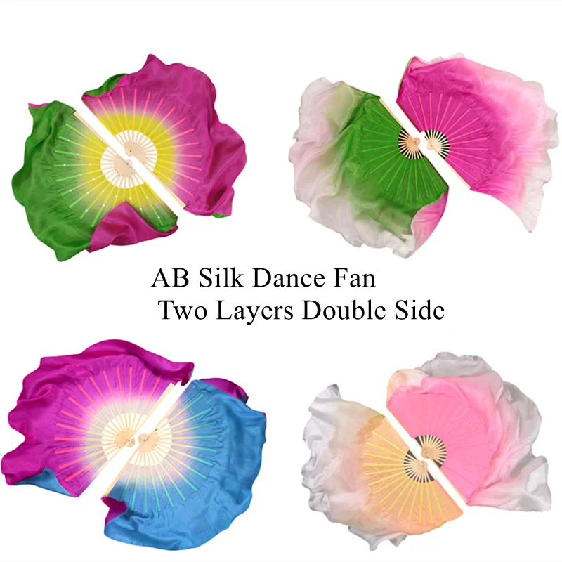 

Double Sided Dance Fan Veils One Pair 100% Real Silk Flowy Hand Paint Dancer Props Extra Long Circle Moon Shape AB Color 86cm