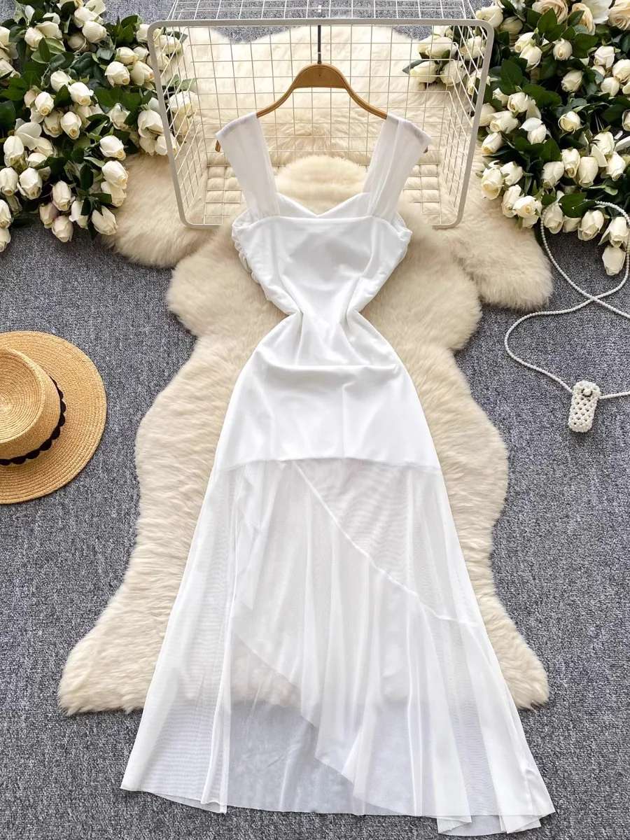 Foamlina Fashion Muse Design Kink Suspender Waist Irregular Ruffle Dress Women's French Mesh Midi Boho Holiday Dresses