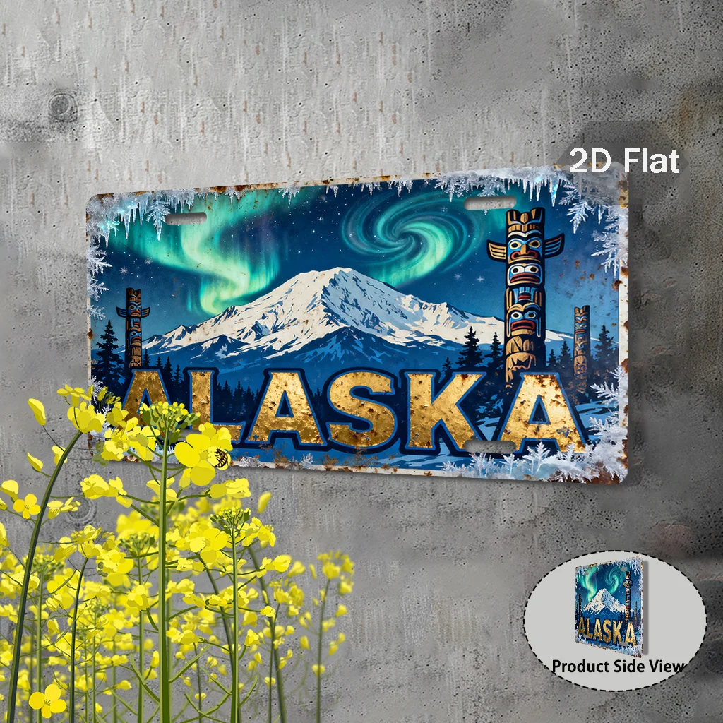 2D Flat, 1pc Vintage Alaska Aurora Borealis License Plate - Large 29.97cm x 14.99cm Retro State Car Tag, Matte with Northern Lig