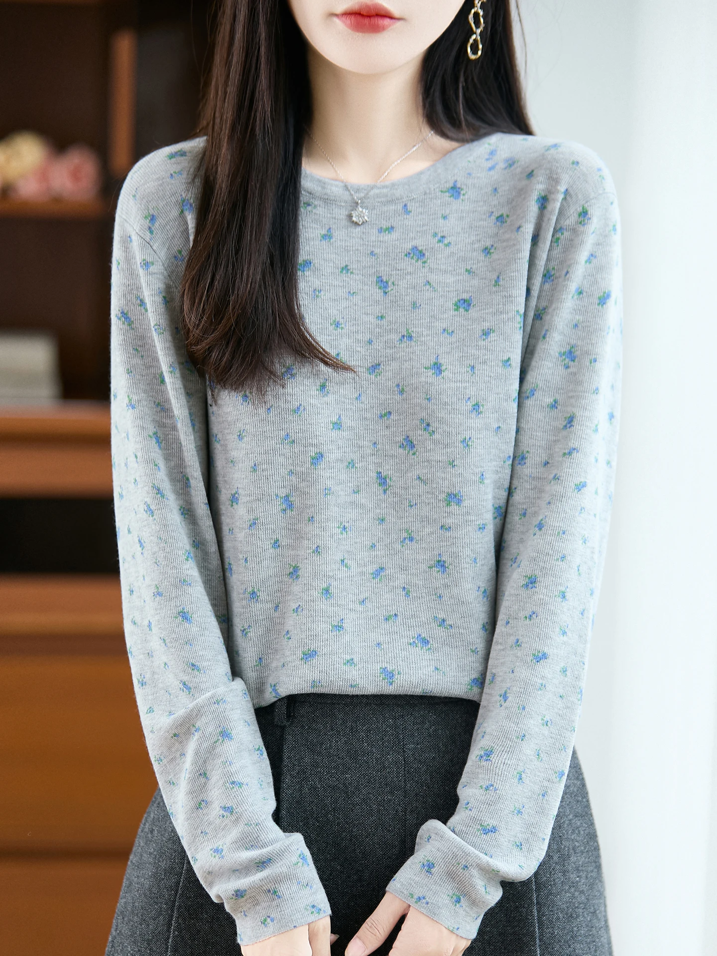 

Sweet Floral Long Sve вязаный топ женский осень-зима корейский Sle винтажная основа irt внутренняя утягивающая весна повседневная свободная...