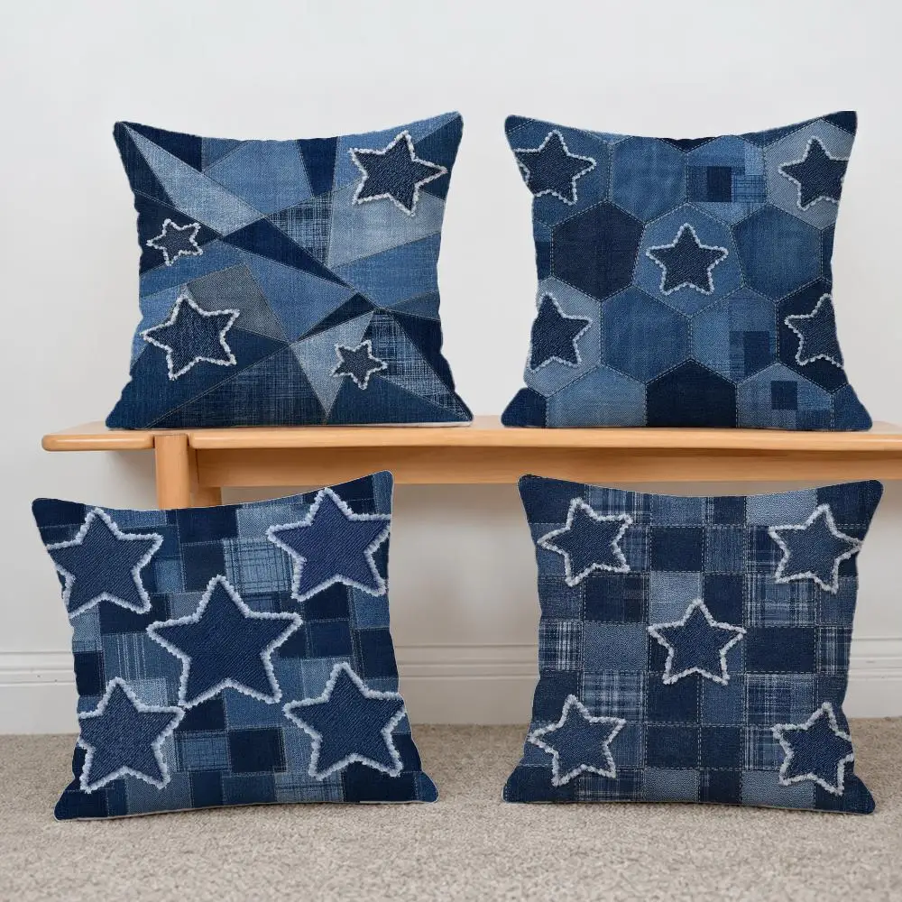 Pattern Denim Patchwork Pattern Cushion Cover Short Plush Pillowcase, Sofa Bedroom Home Decor & Holiday Gift