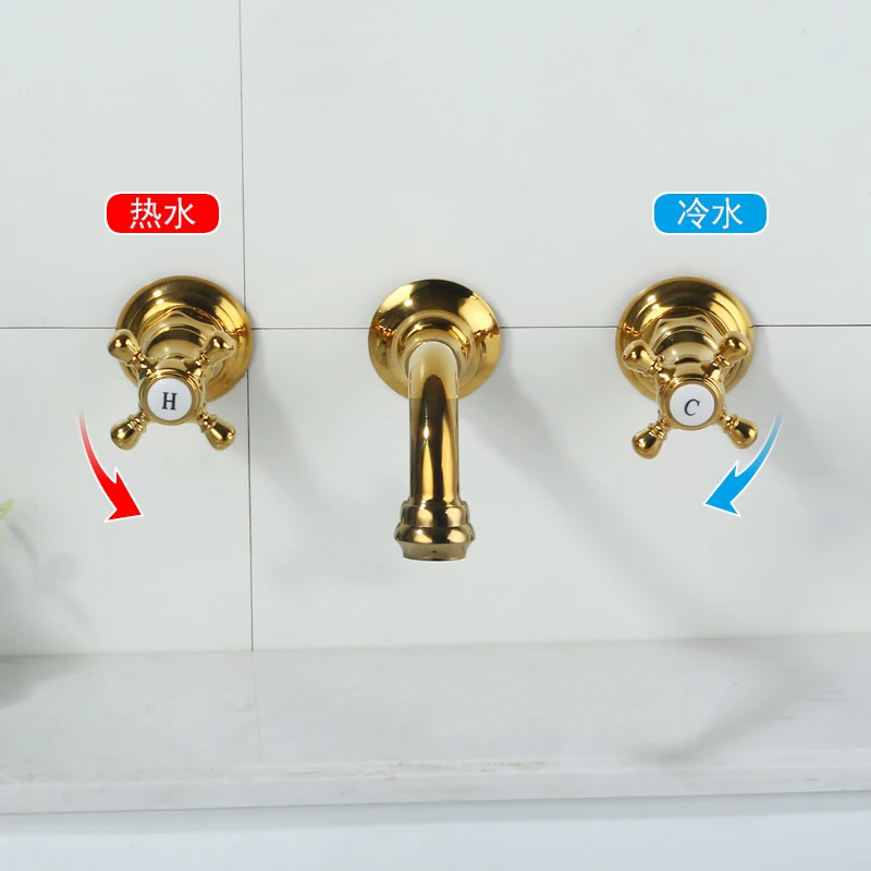 3 Hole Widespread Bathroom Sink Faucet Wall Mounted 8 Inch Basin Sink Faucet Two Handle Hot and Cold Mixer Tap Gold