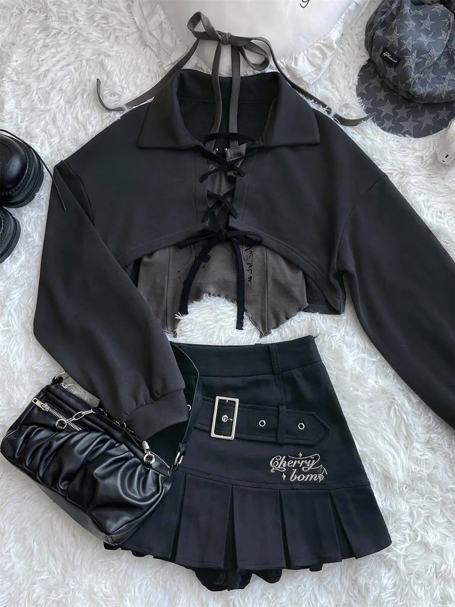 Y2K Harajuku Sexy Ash Butterfly Graffiti Print 2 Piece Set Women Lace Up Cropped Hoodie Halter Cami Pleated Mini Skirt Clubwear