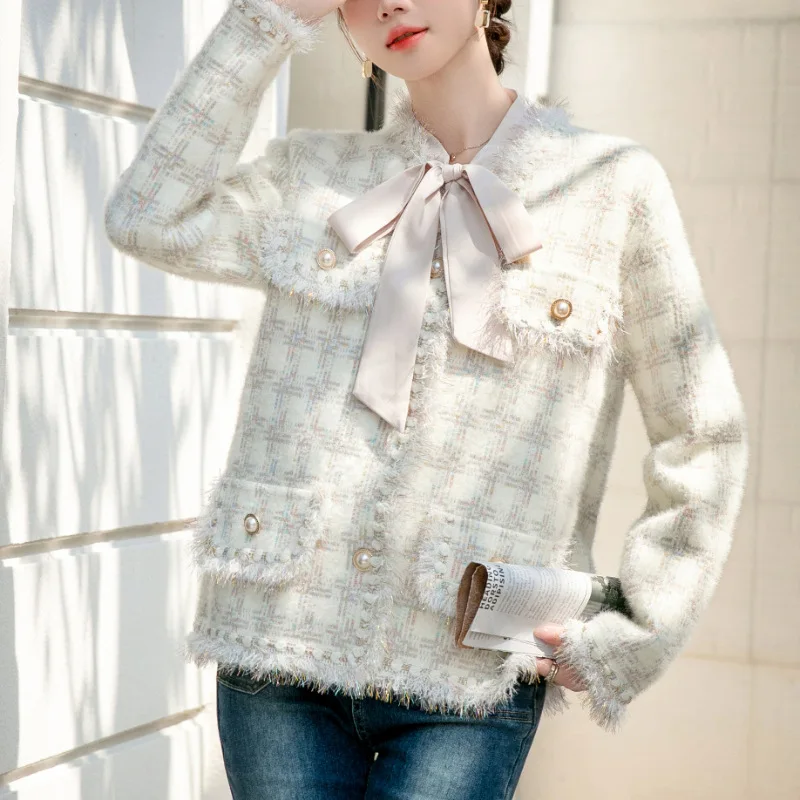 

Tweed Jacket Black Womens Autumn Velvet Suede Leather Hairy Slim-Fitting Zipper V-Neck Decorated Fashionable Formal Workplace OL