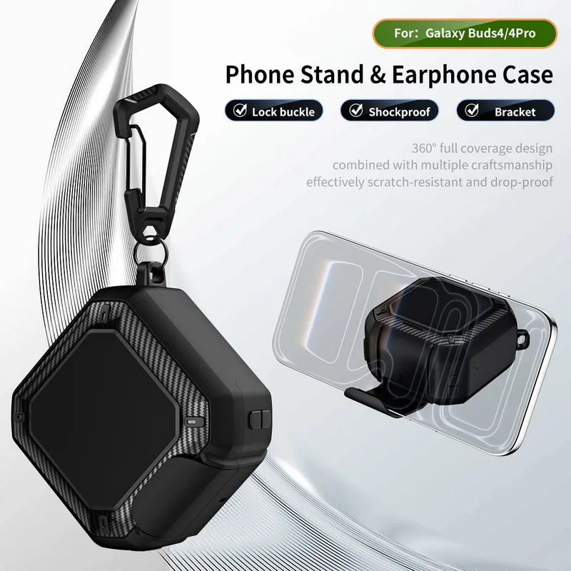 Étui pour écouteurs en fibre de carbone pour Samsung Galaxy Buds 4/Buds 4 Pro avec mousqueton, support de sécurité et coque portable en TPU PC