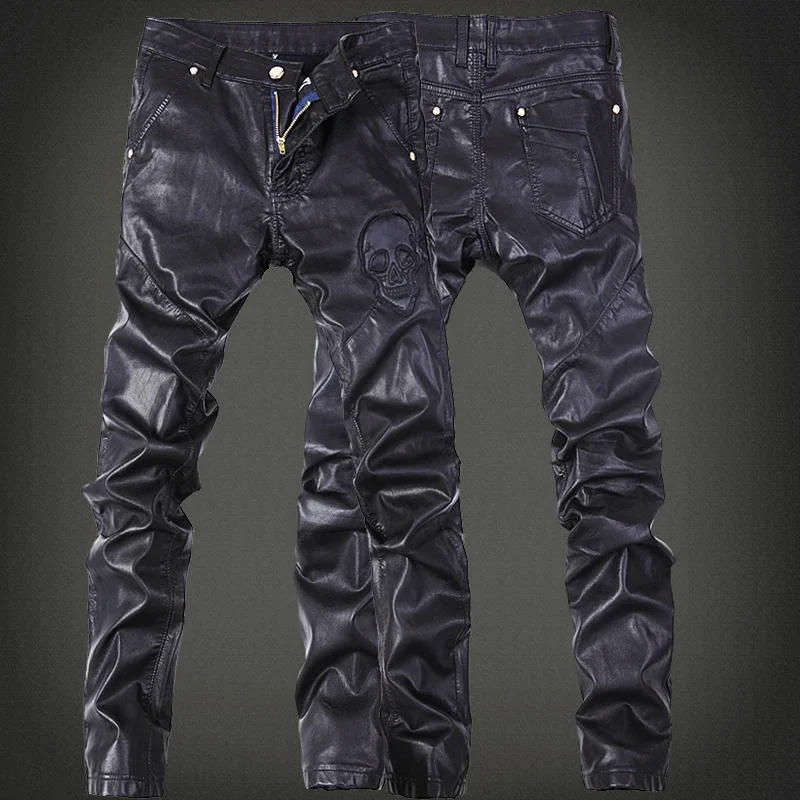 YASUGUOJI New 2023 Outdoors Pu Leather Pants Men Brand Fashion Skull Tag Patchwork Mens Skinny Motorcycle Leather Jeans Men