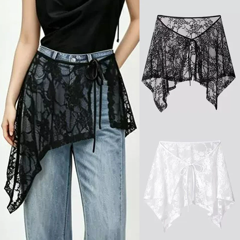 Vintage Flower Pattern Eyelash Lace Long Skirt Hip Scarf for Women Tie Up Aesthetic See Through Apron Covering Overskirt