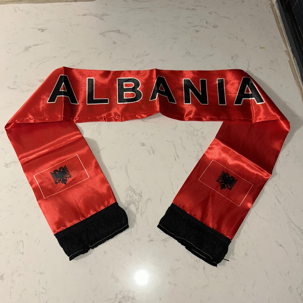 (SKY FLAG)Albania Scarf 14x135cm Double-sided printed Satin Albania Flag Scarf Tassels Suitable for Football cup, Sports, Events