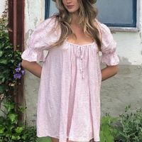 Y2K Kawaii Short Puff Sleeves Mini Dress Vintage Square Neckline Tie Up Bodydall Dress Daily Party Club Loose Fit A-line Dress
