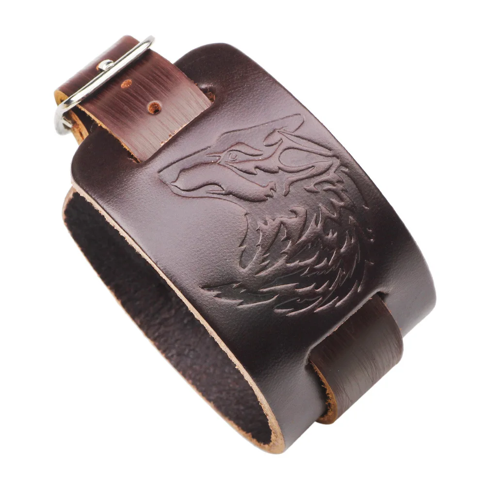 Black & Brown Embossed Process Wolf Bracelets Genuine Leather Adjustable Wristband Wrap Bracelet Man Jewelry Gifts