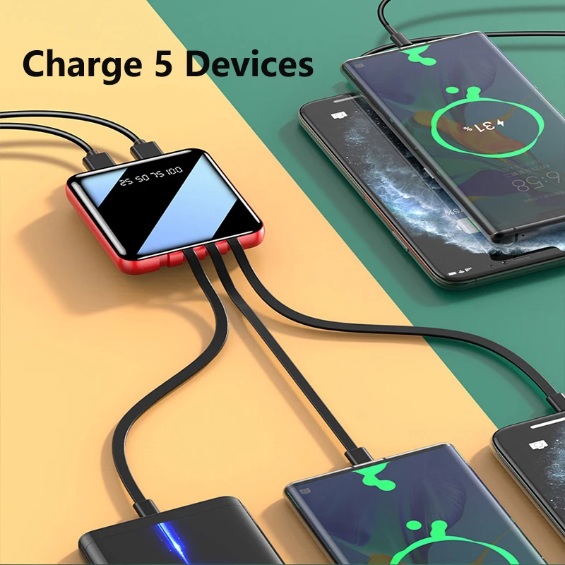 Mini Power Bank 20000mAh Built in Cable Portable Fast Charger Powerbank for iPhone Samsung Huawei Xiaomi External Spare Battery