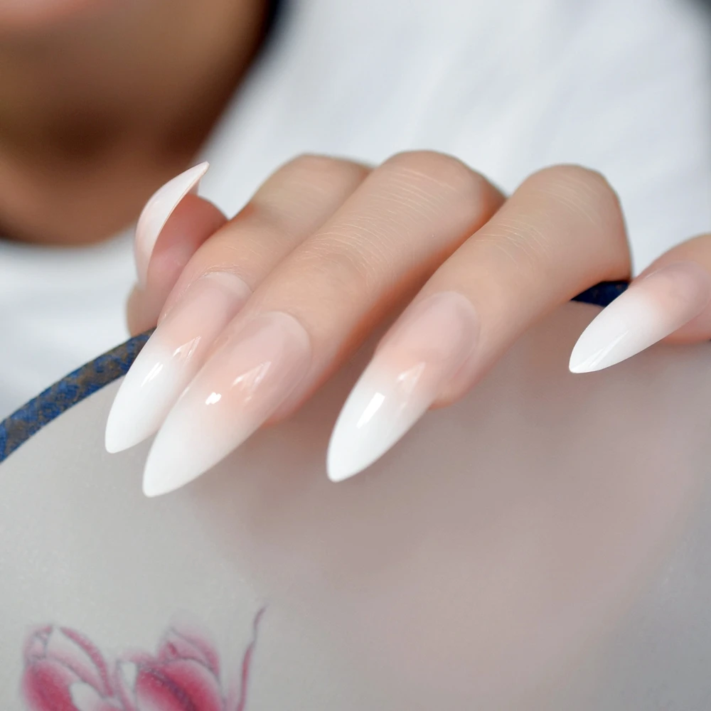 Ombre Extra Long French Nail Extreme Stiletto Gradient Nude White 24 Fake Nails Acrylic Nails Wholesale Manicure Tips With Tools