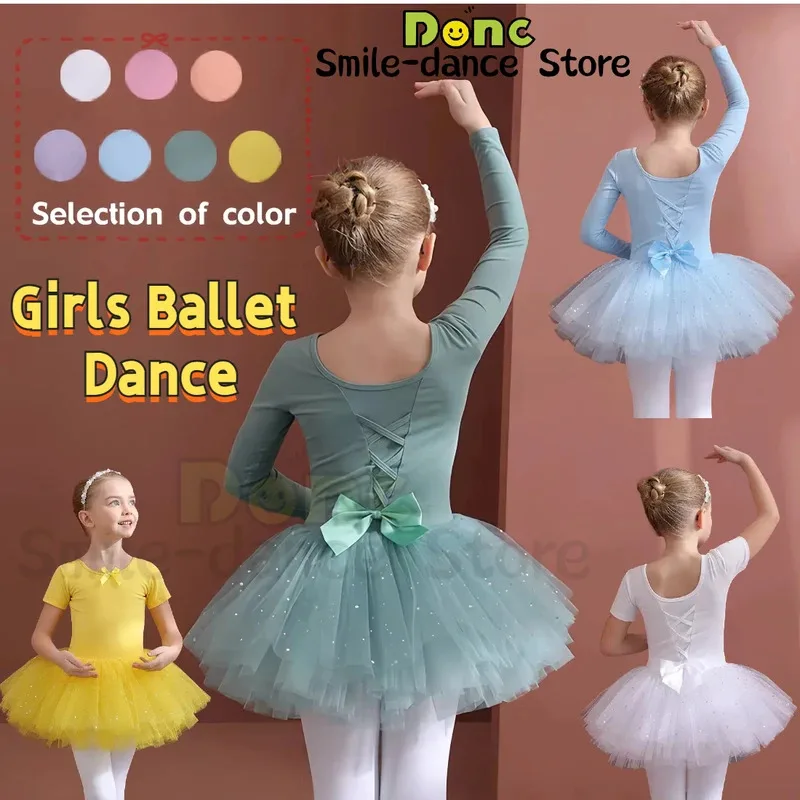 

Girls Ballet Tutu Dress - Long/Short Sleeve Tulle Leotard with Bowknot | Kids Dancewear for Gymnastics, Christmas Birthday Party